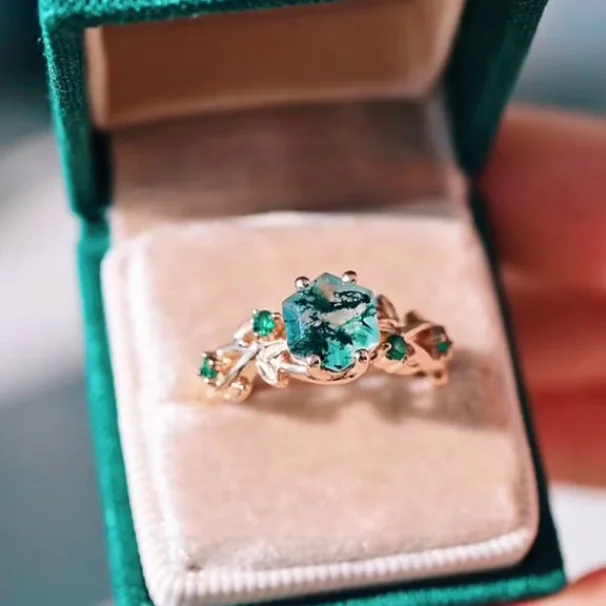 Hexagonal Cut Moss Agate Promise Ring Nature Inspired Sterling Yellow Gold Engagement Ring