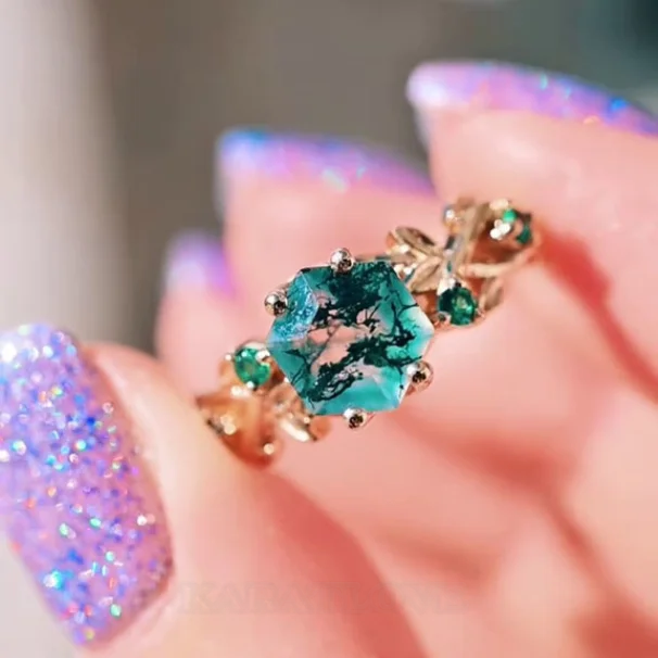 Hexagonal Cut Moss Agate Promise Ring Nature Inspired Sterling Yellow Gold Engagement Ring