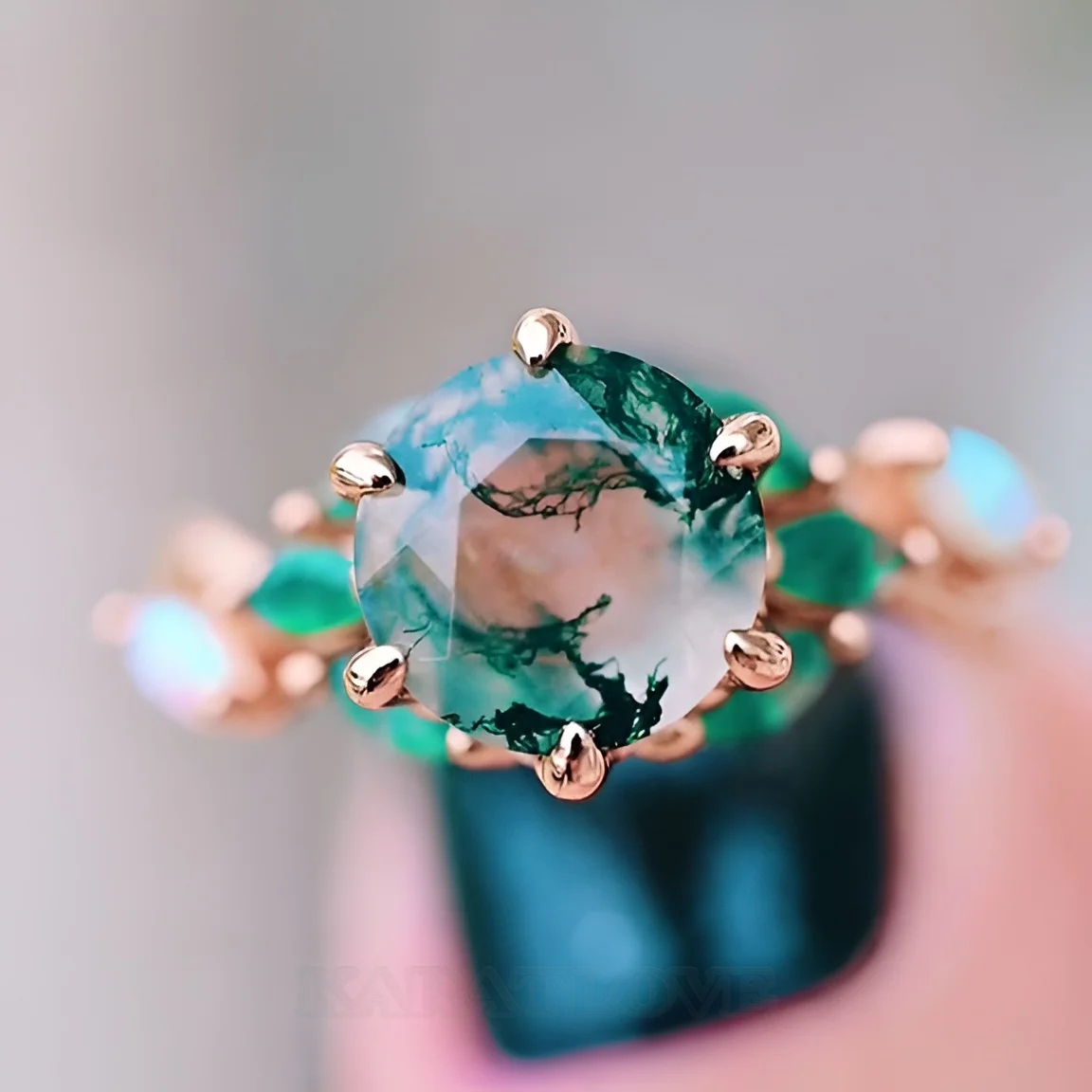 Round Cut Green Moss Agate Nature Inspired Sterling Rose Gold Engagement Ring Round Cut Green Moss Agate Nature Inspired Sterling Rose Gold Engagement Ring