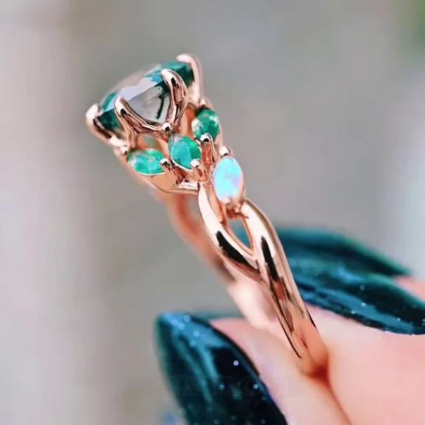 Round Cut Green Moss Agate Nature Inspired Sterling Rose Gold Engagement Ring