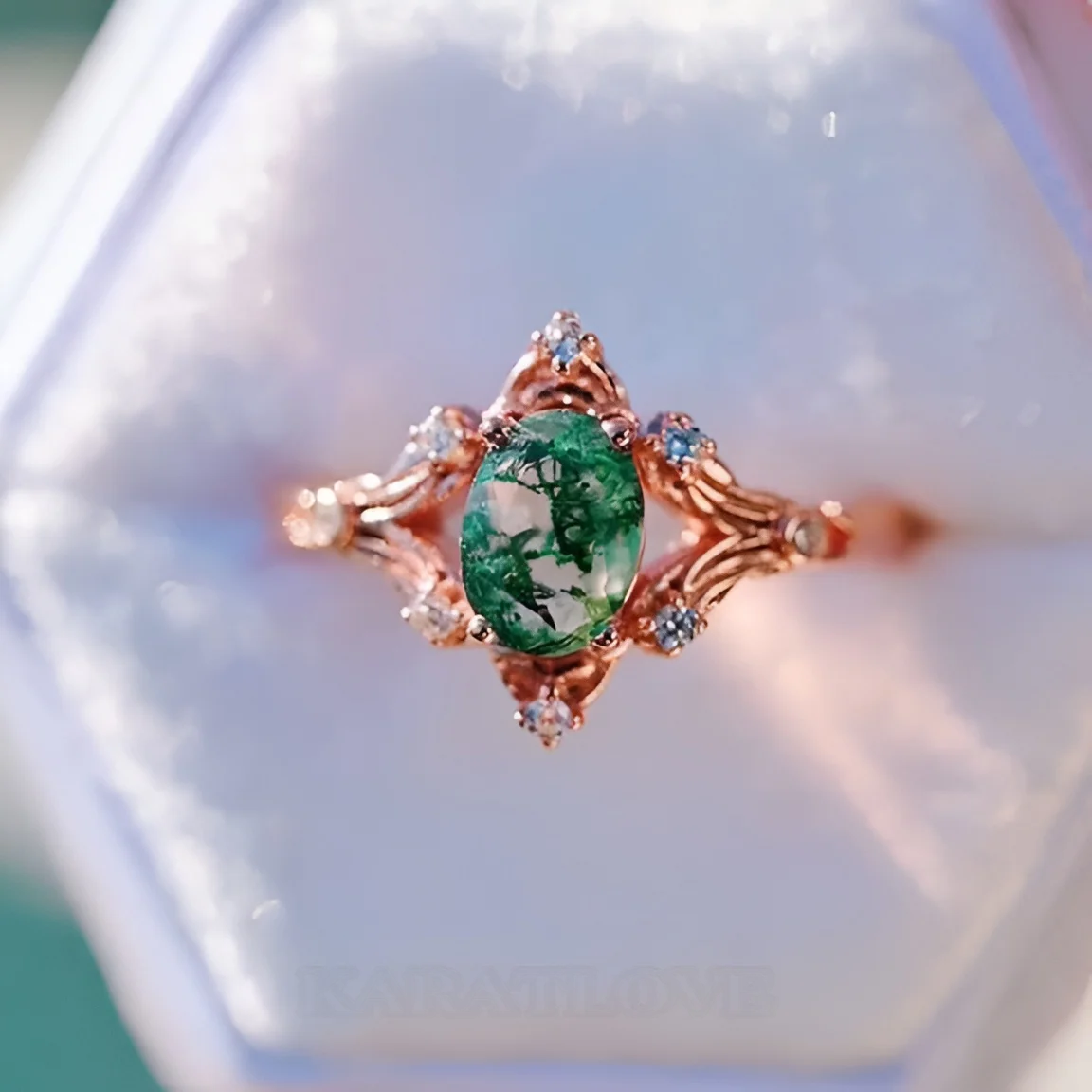 Oval Cut Green Moss Agate Nature Inspired Sterling Rose Gold Engagement Ring Oval Cut Green Moss Agate Nature Inspired Sterling Rose Gold Engagement Ring