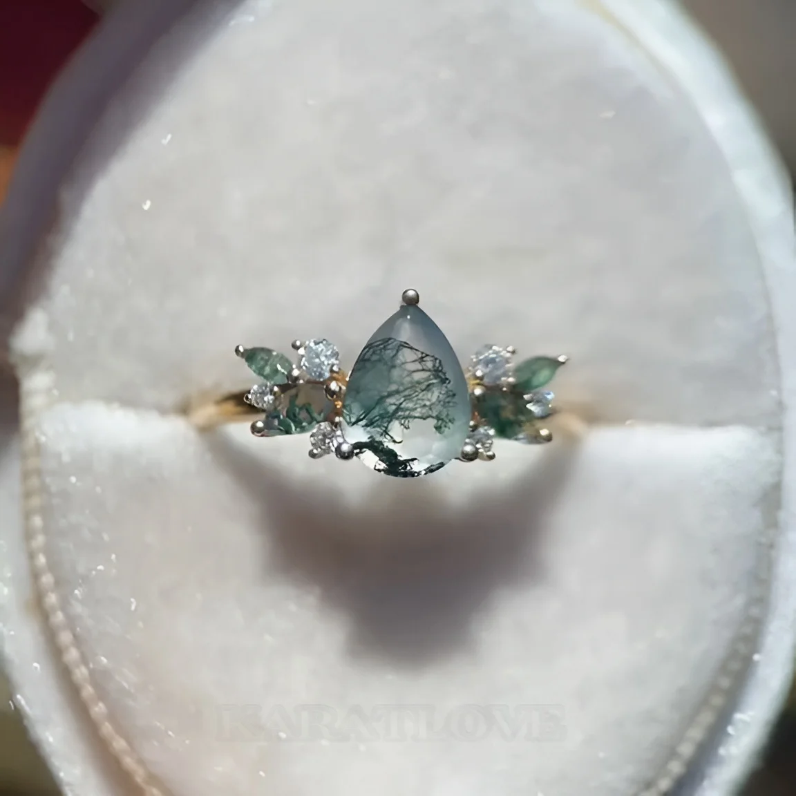 Pear Cut Green Moss Agate Nature Inspired Sterling Yellow Gold Engagement Ring Pear Cut Green Moss Agate Nature Inspired Sterling Yellow Gold Engagement Ring