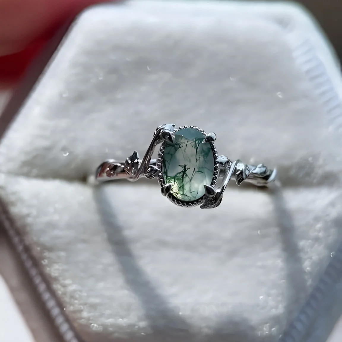 Oval Cut Green Moss Agate Nature Inspired Sterling Silver Engagement Ring