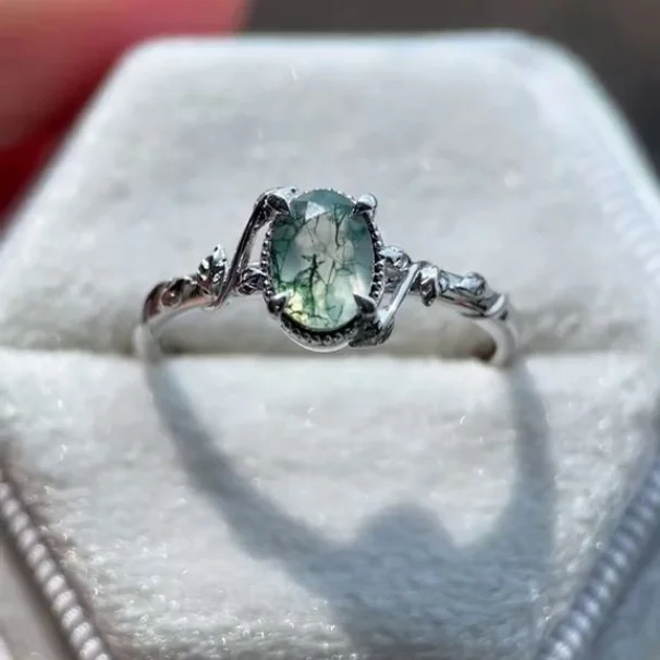Oval Cut Green Moss Agate Nature Inspired Sterling Silver Engagement Ring