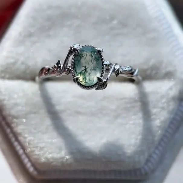 Oval Cut Green Moss Agate Nature Inspired Sterling Silver Engagement Ring