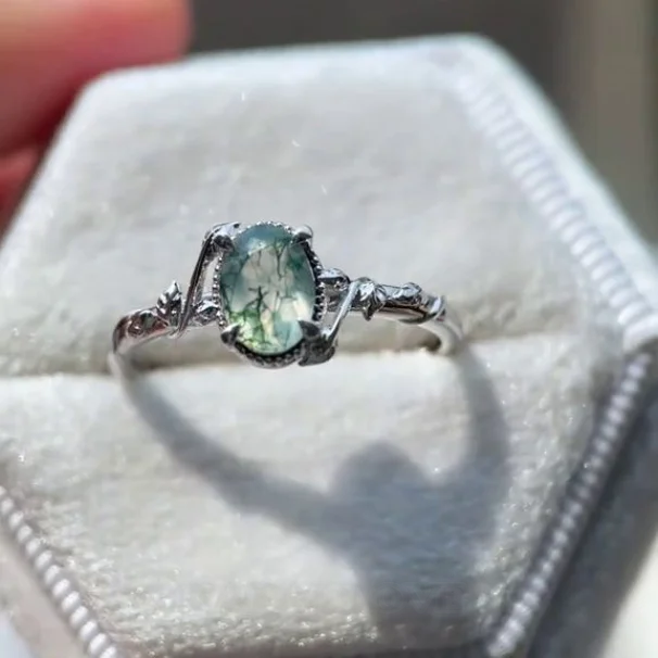 Oval Cut Green Moss Agate Nature Inspired Sterling Silver Engagement Ring