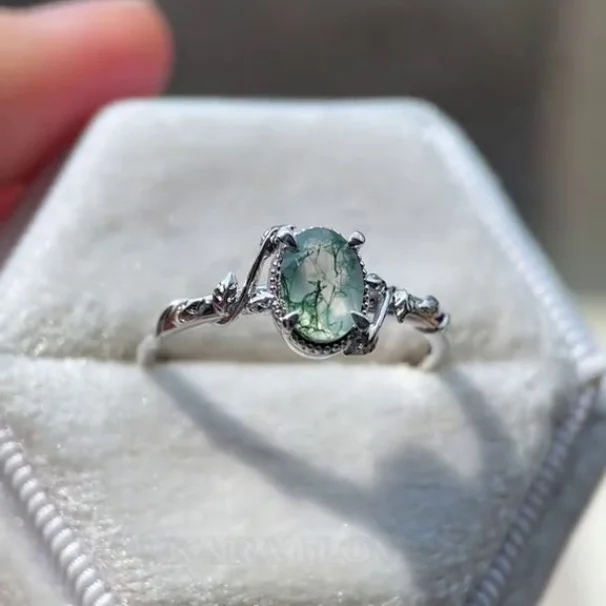Oval Cut Green Moss Agate Nature Inspired Sterling Silver Engagement Ring