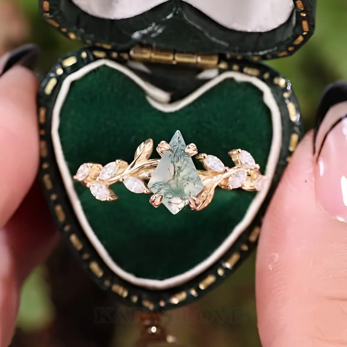 Kite Cut Green Moss Agate Nature Inspired Sterling Yellow Gold Engagement Ring