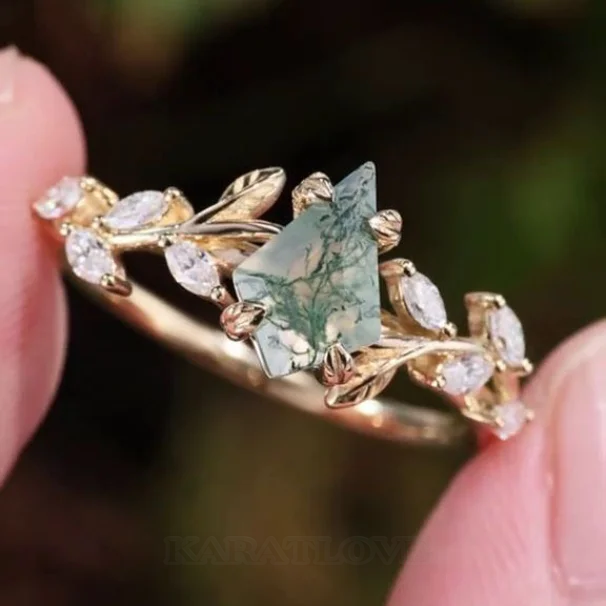 Kite Cut Green Moss Agate Nature Inspired Sterling Yellow Gold Engagement Ring