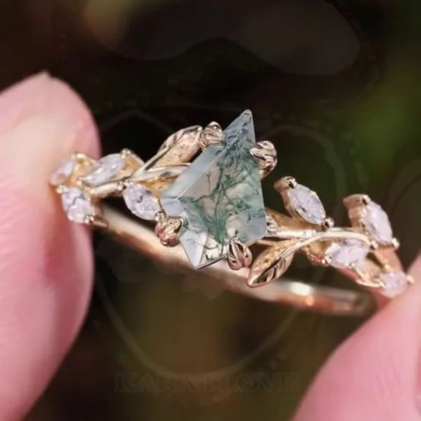Kite Cut Green Moss Agate Nature Inspired Sterling Yellow Gold Engagement Ring