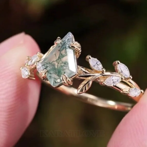 Kite Cut Green Moss Agate Nature Inspired Sterling Yellow Gold Engagement Ring