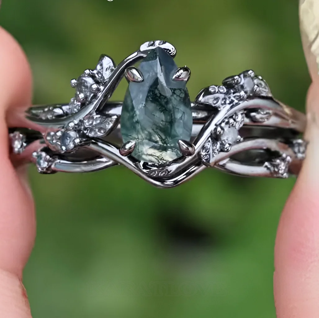 Pear Cut Green Moss Agate Nature Inspired Black Sterling Silver Engagement Ring