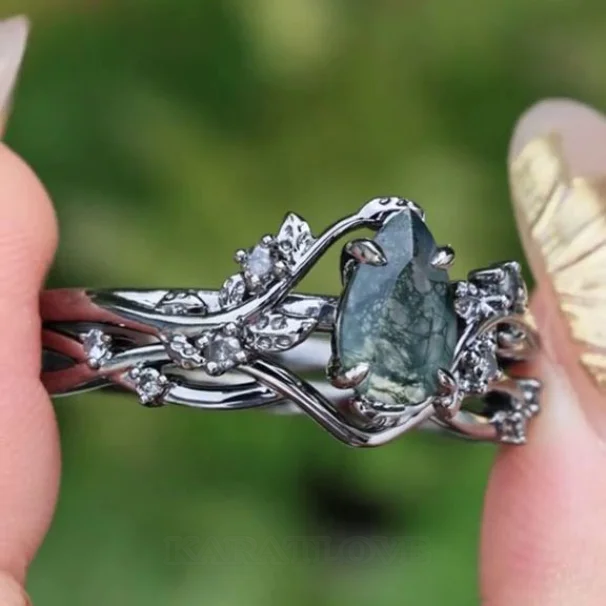 Pear Cut Green Moss Agate Nature Inspired Black Sterling Silver Engagement Ring