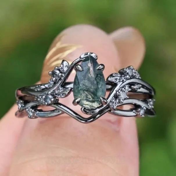 Pear Cut Green Moss Agate Nature Inspired Black Sterling Silver Engagement Ring