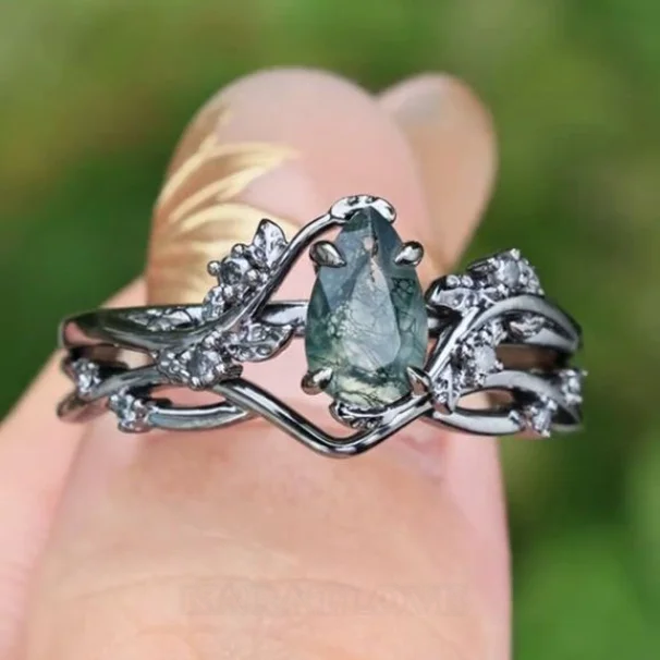 Pear Cut Green Moss Agate Nature Inspired Black Sterling Silver Engagement Ring