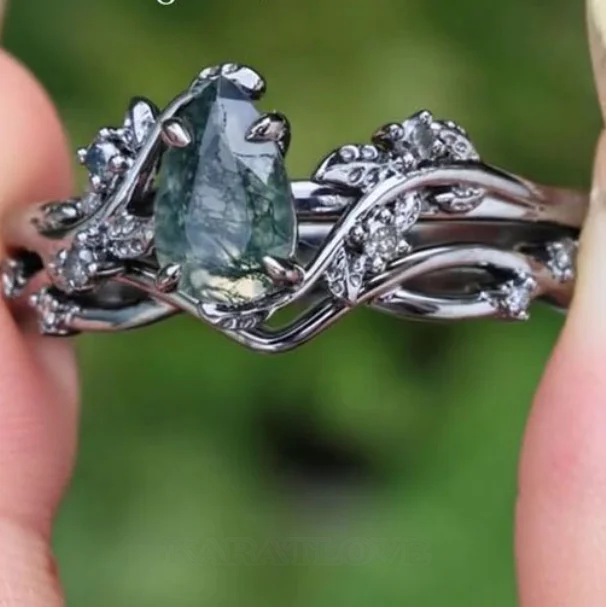 Pear Cut Green Moss Agate Nature Inspired Black Sterling Silver Engagement Ring