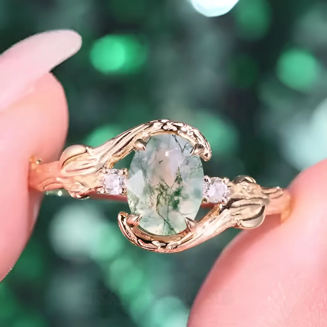 Oval Cut Green Moss Agate Nature Inspired Sterling Yellow Gold Engagement Ring Oval Cut Green Moss Agate Nature Inspired Sterling Yellow Gold Engagement Ring