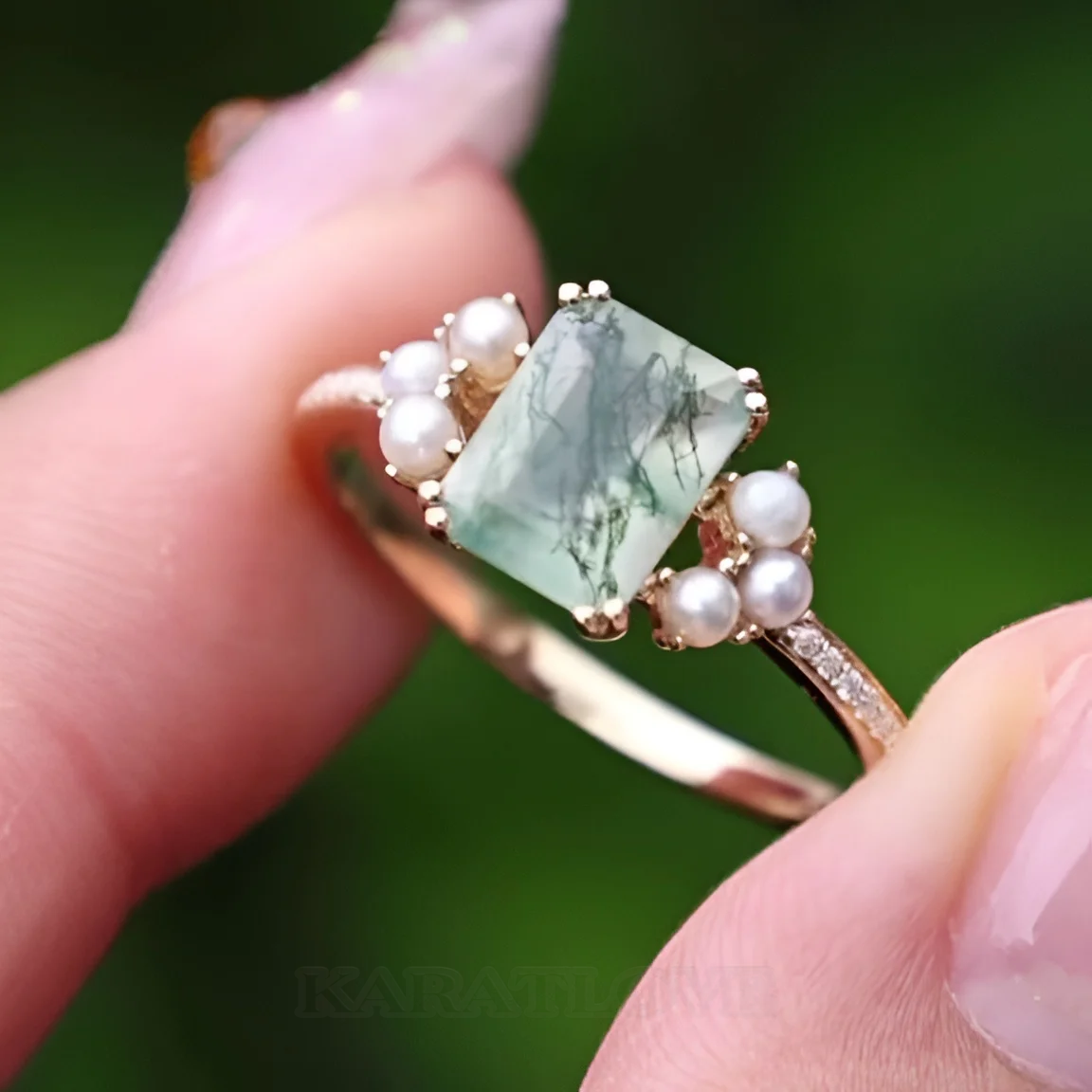 Emerald Cut Green Moss Agate Nature Inspired Sterling Yellow Gold Engagement Ring