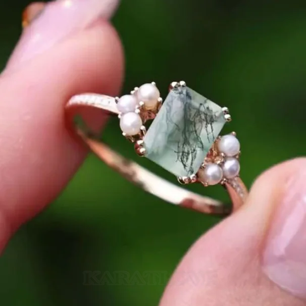 Emerald Cut Green Moss Agate Nature Inspired Sterling Yellow Gold Engagement Ring