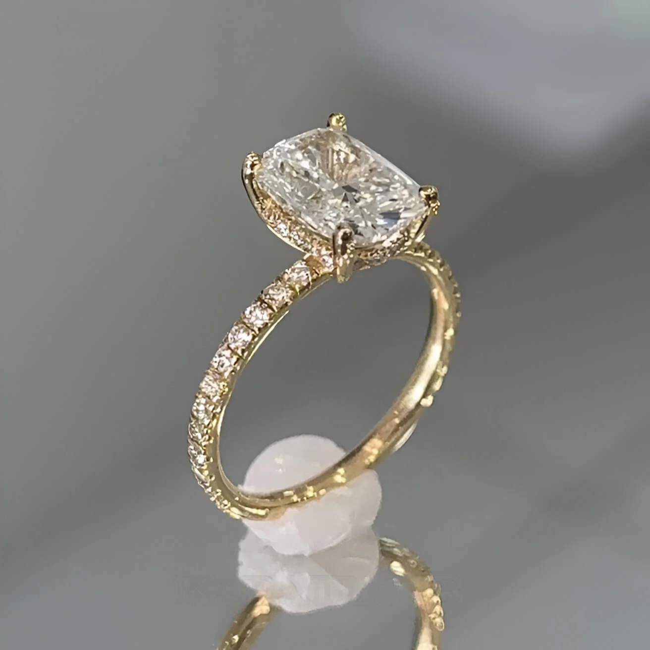 Cushion Cut Diamond White Sterling Silver Yellow Gold Hidden Halo Engagement Ring