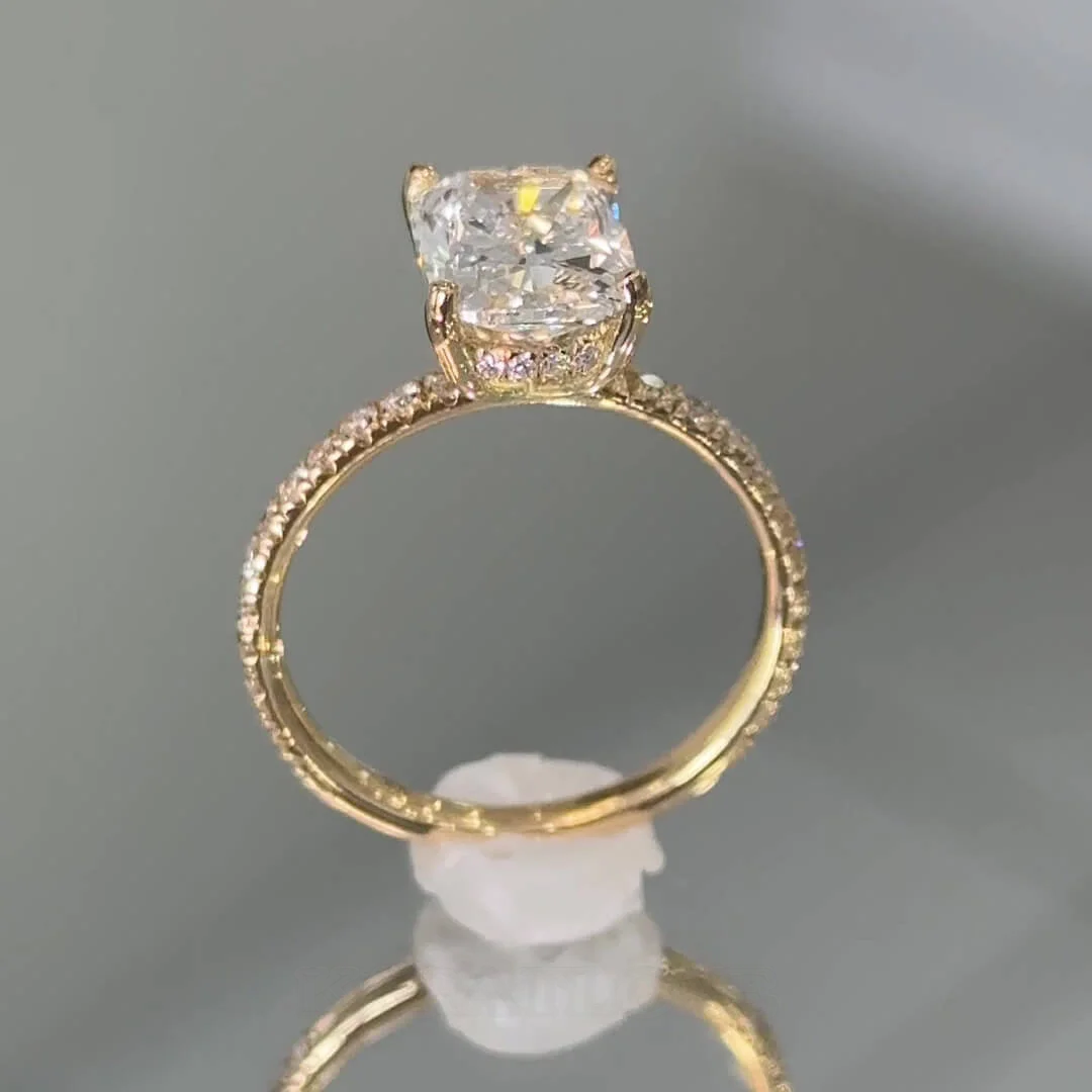 Cushion Cut Diamond White Sterling Silver Yellow Gold Hidden Halo Engagement Ring