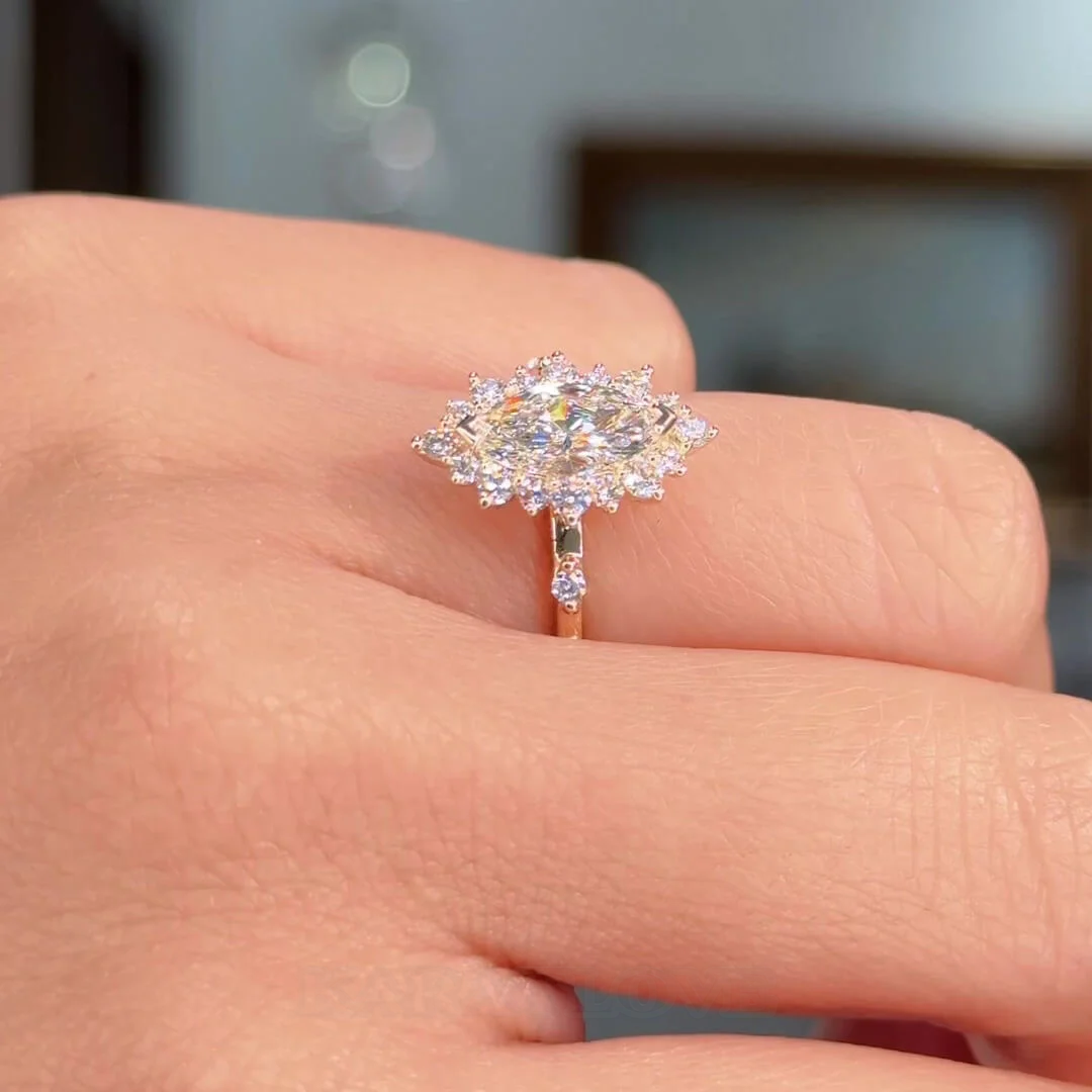 Marquise Cut Diamond White Sterling Silver Yellow Gold Halo Engagement Ring