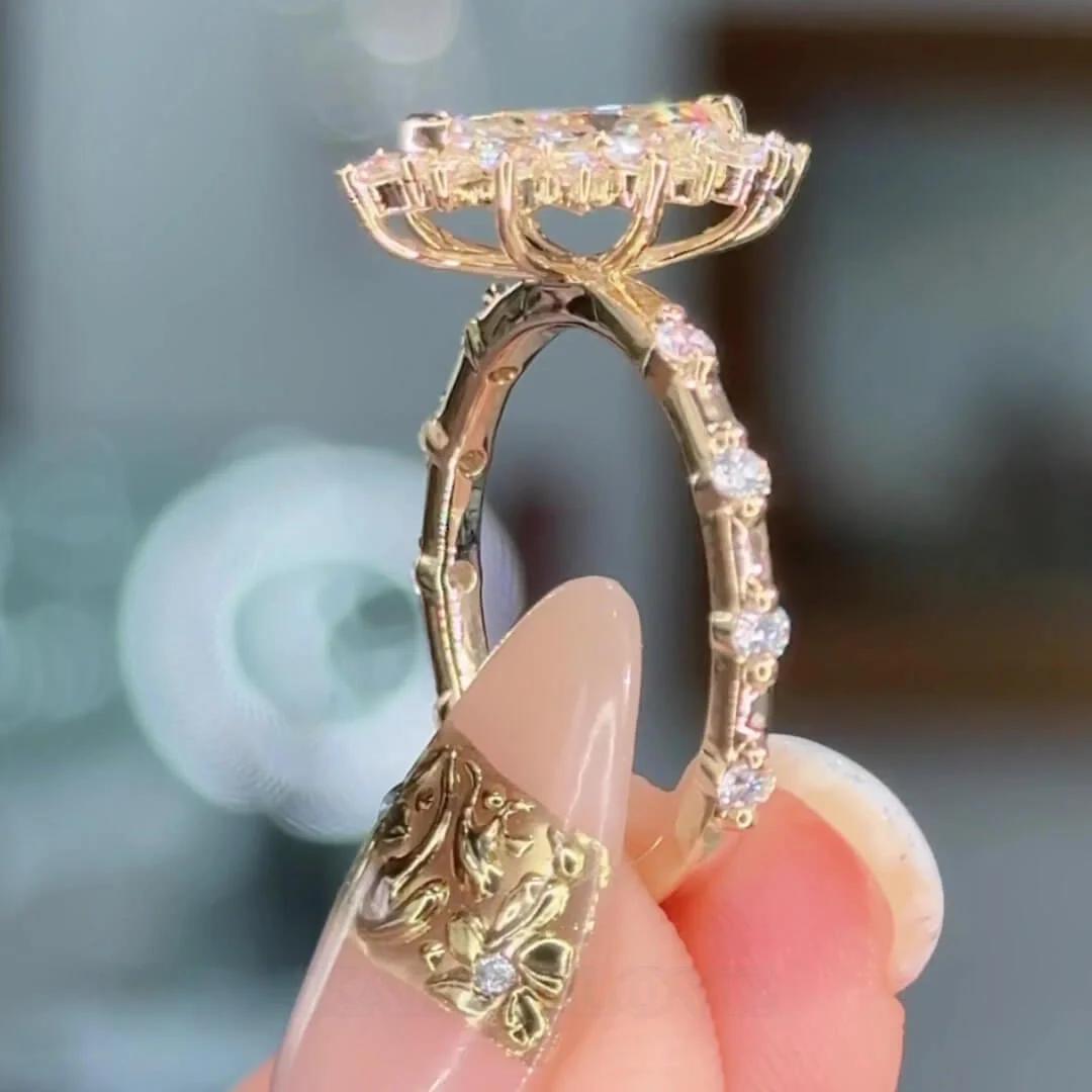 Marquise Cut Diamond White Sterling Silver Yellow Gold Halo Engagement Ring