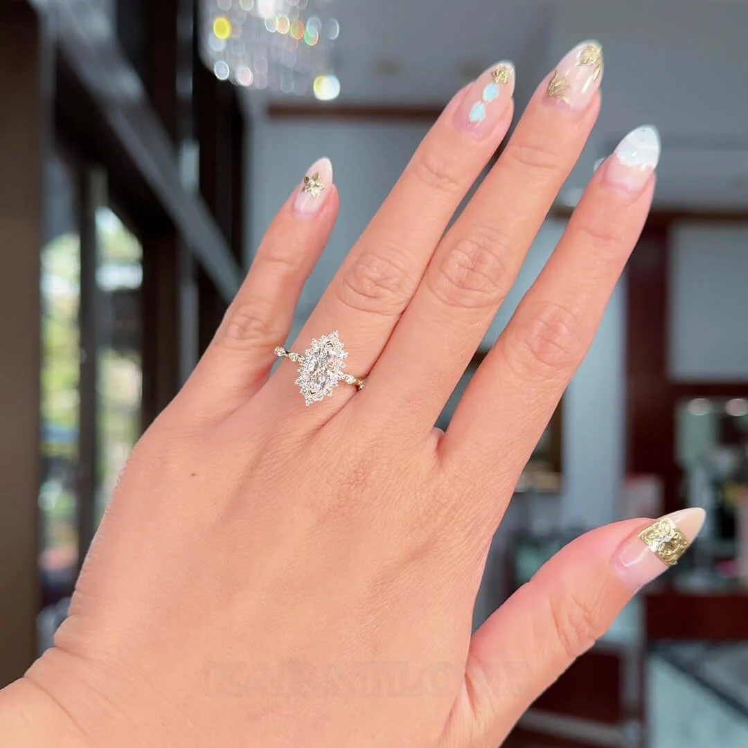 Marquise Cut Diamond White Sterling Silver Yellow Gold Halo Engagement Ring