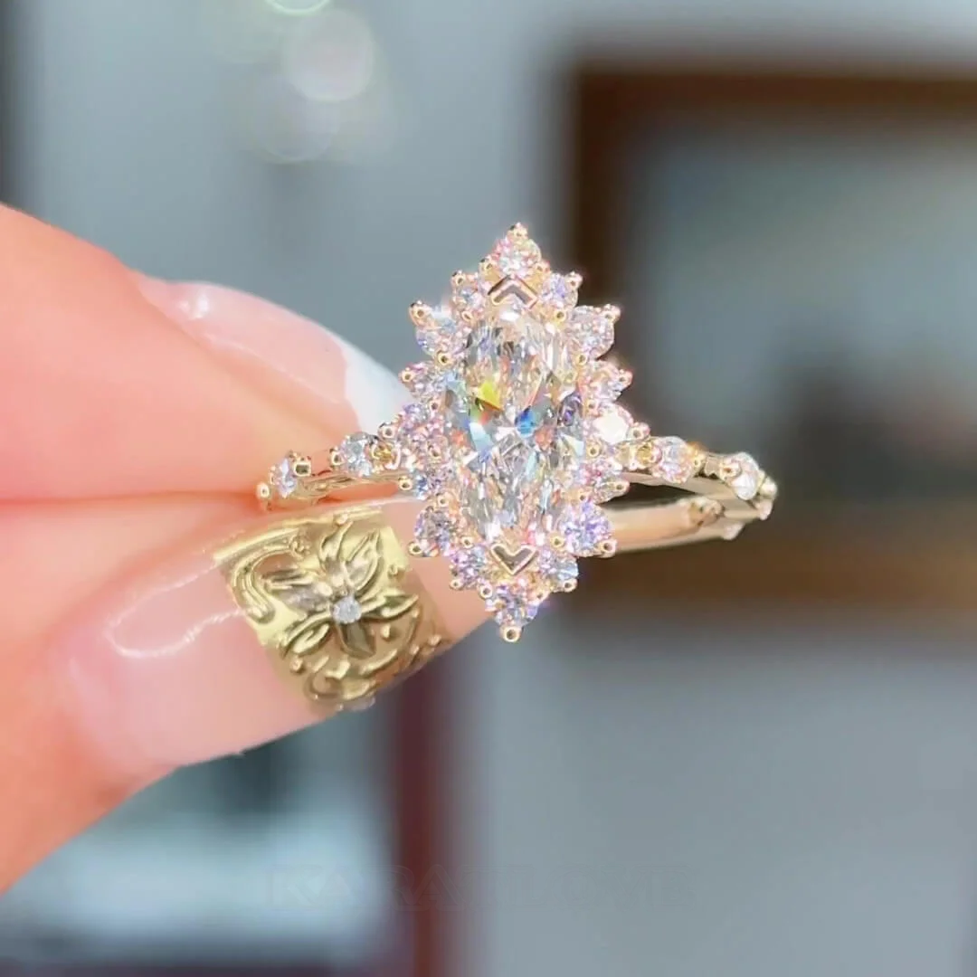 Marquise Cut Diamond White Sterling Silver Yellow Gold Halo Engagement Ring