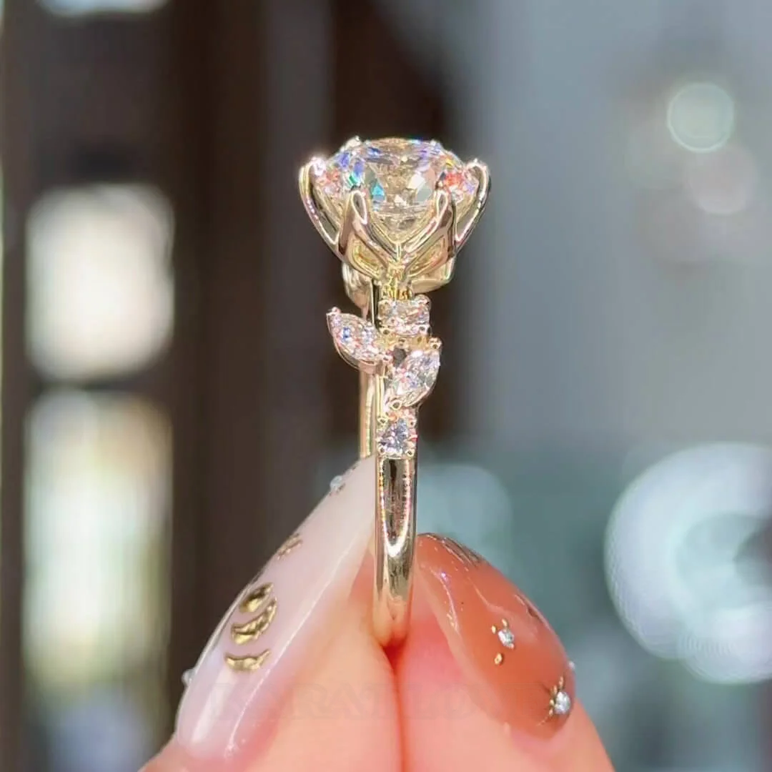 Round Cut Diamond White Sterling Silver Yellow Gold Art Deco Engagement Ring