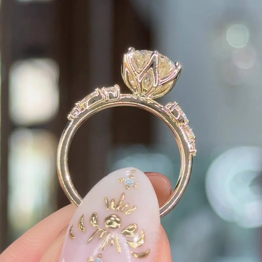 Round Cut Diamond White Sterling Silver Yellow Gold Art Deco Engagement Ring