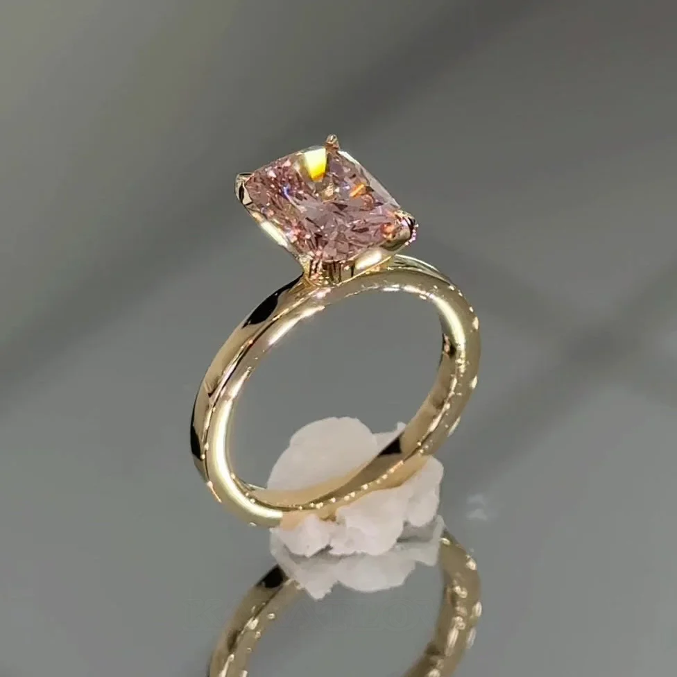Cushion Cut Fancy Pink Sterling Silver Yellow Gold Solitaire Engagement Ring