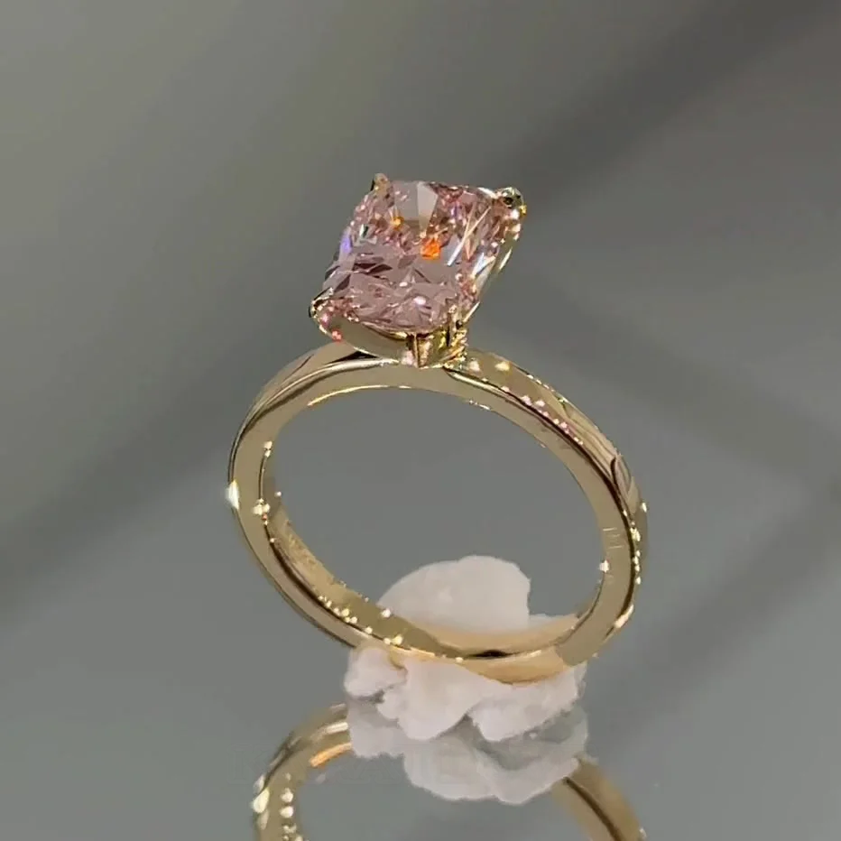 Cushion Cut Fancy Pink Sterling Silver Yellow Gold Solitaire Engagement Ring