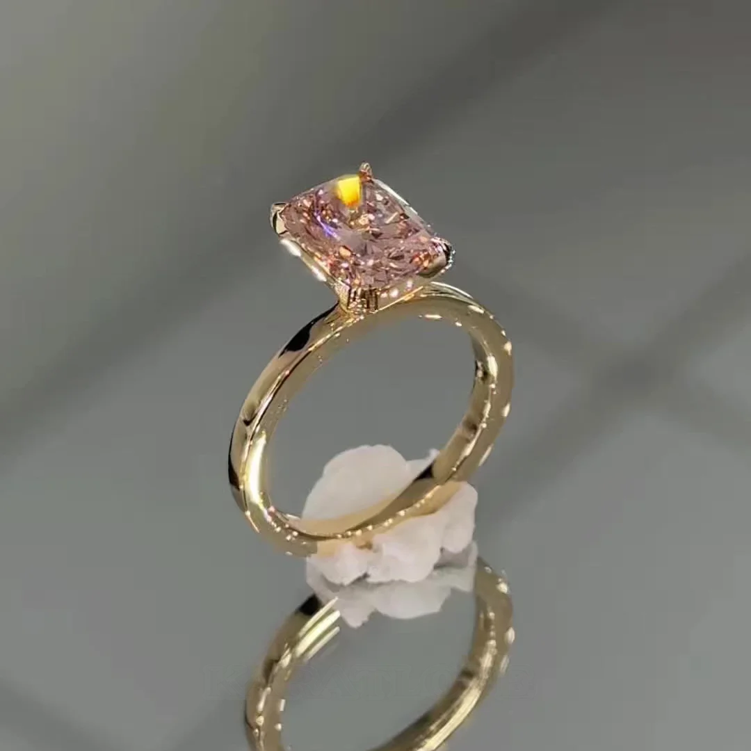 Cushion Cut Fancy Pink Sterling Silver Yellow Gold Solitaire Engagement Ring