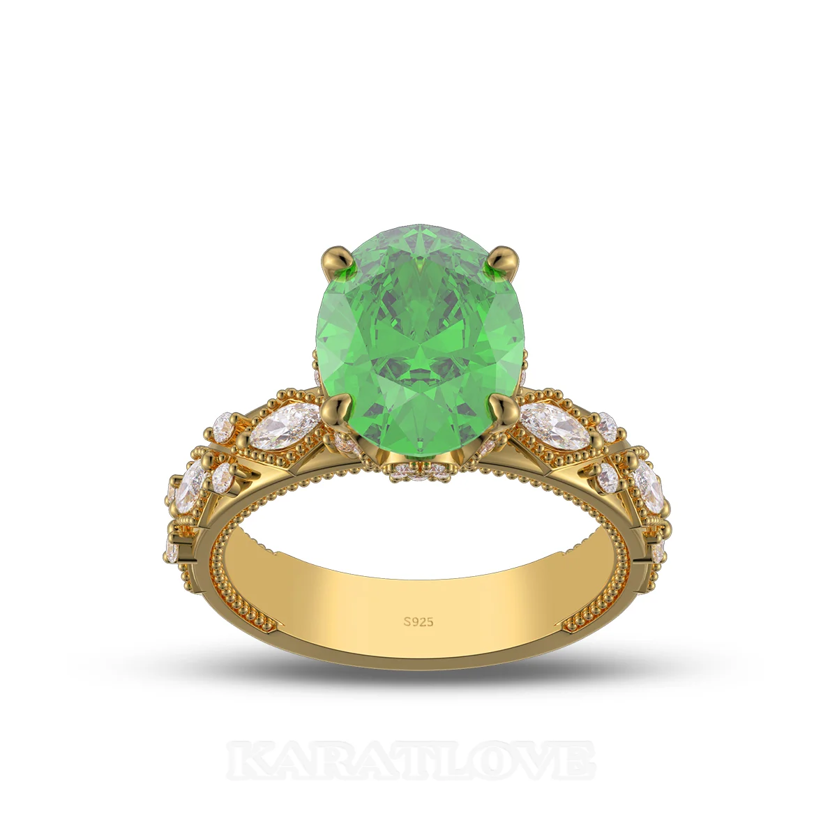 Oval Cut Emerald Green Sterling Silver Yellow Gold Engagement Ring