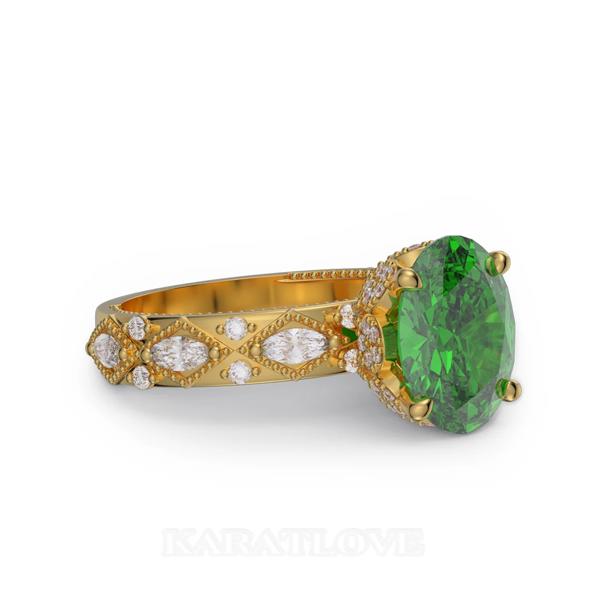 Oval Cut Emerald Green Sterling Silver Yellow Gold Engagement Ring
