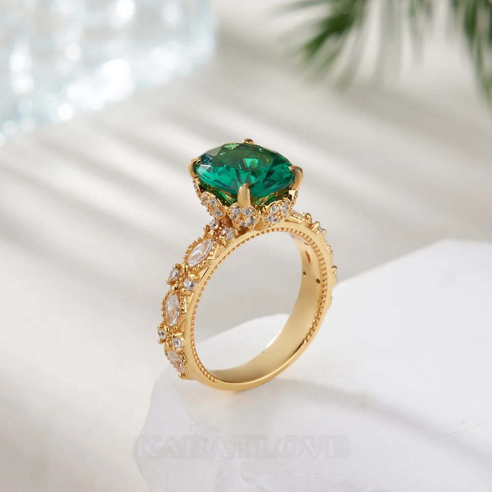 Oval Cut Emerald Green Sterling Silver Yellow Gold Engagement Ring