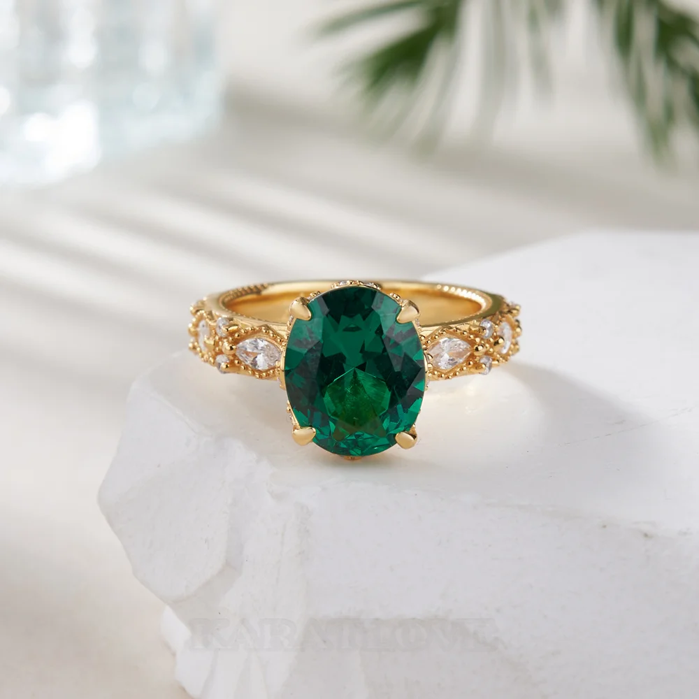 Oval Cut Emerald Green Sterling Silver Yellow Gold Engagement Ring