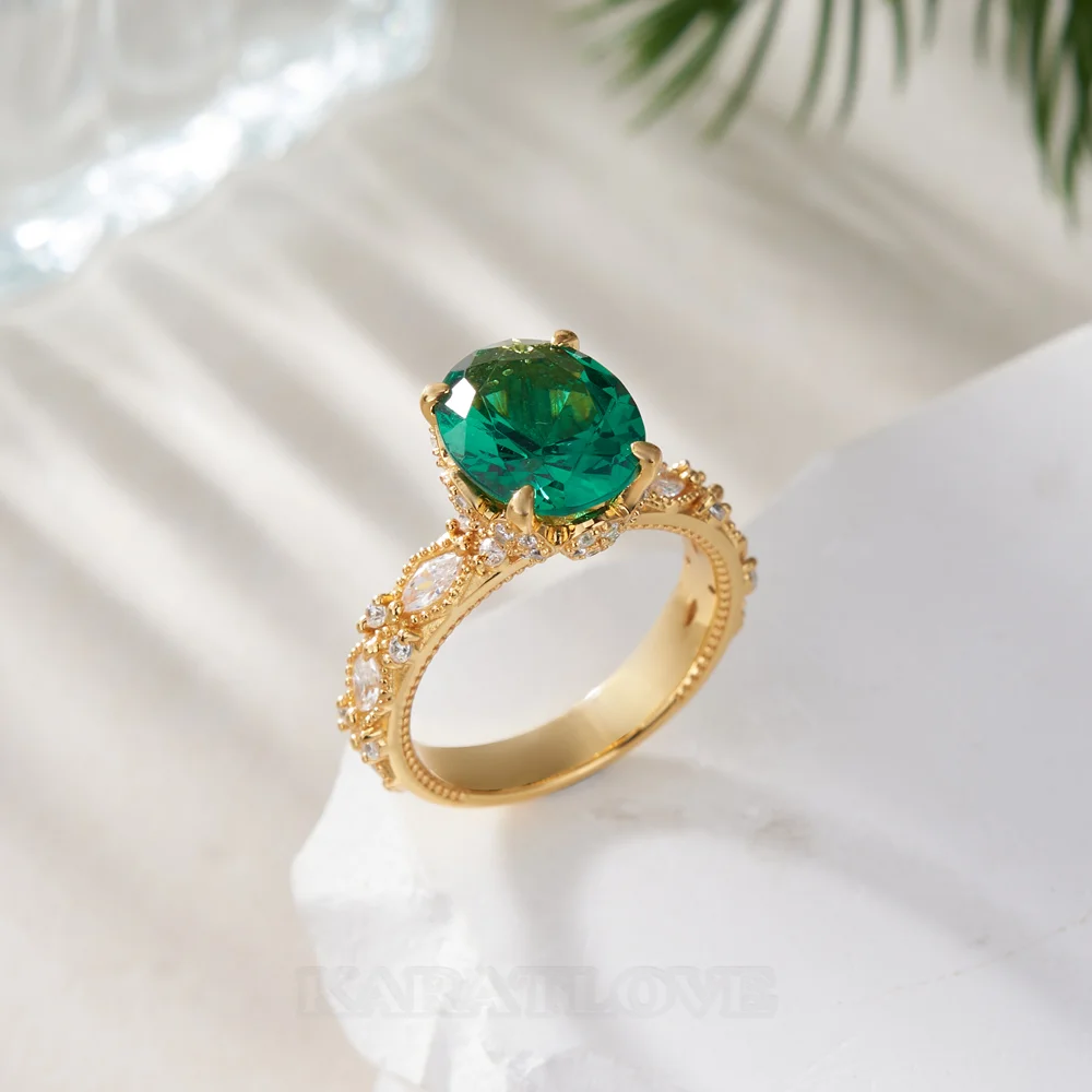 Oval Cut Emerald Green Sterling Silver Yellow Gold Engagement Ring