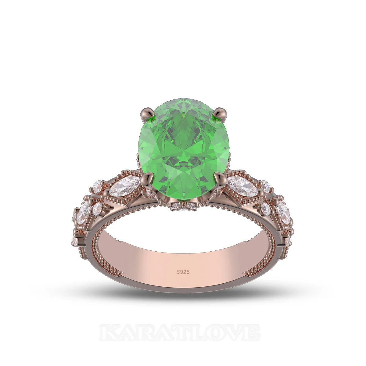 Oval Cut Emerald Green Sterling Silver Rose Gold Engagement Ring