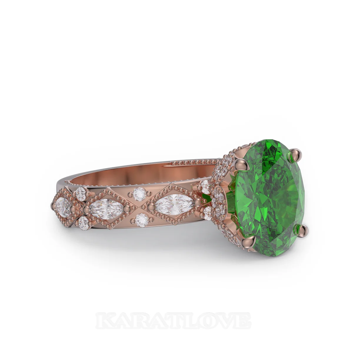 Oval Cut Emerald Green Sterling Silver Rose Gold Engagement Ring