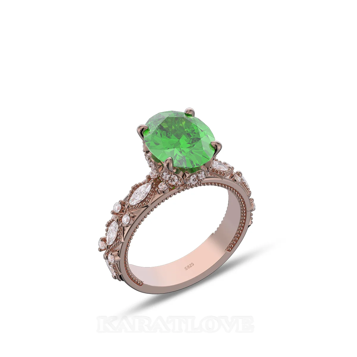 Oval Cut Emerald Green Sterling Silver Rose Gold Engagement Ring