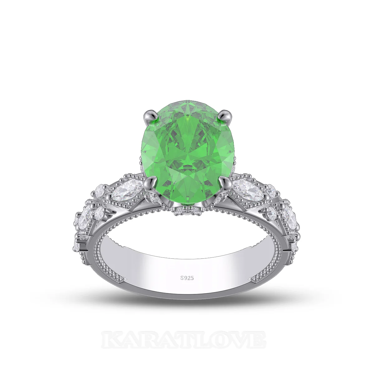 Oval Cut Emerald Green Sterling Silver Engagement Ring