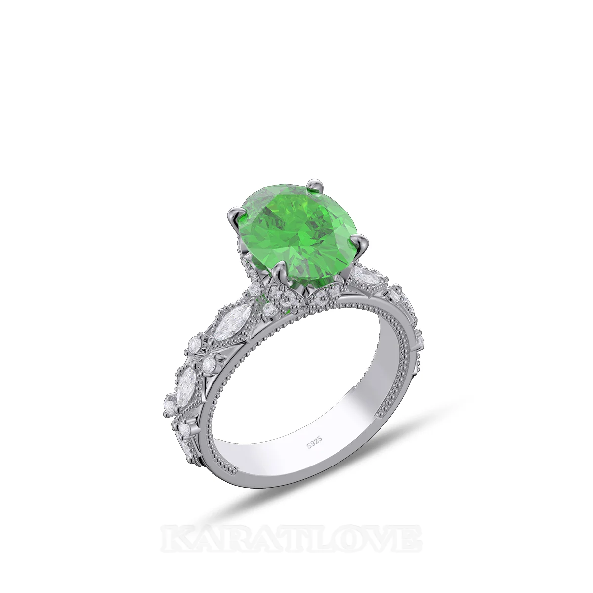 Oval Cut Emerald Green Sterling Silver Engagement Ring