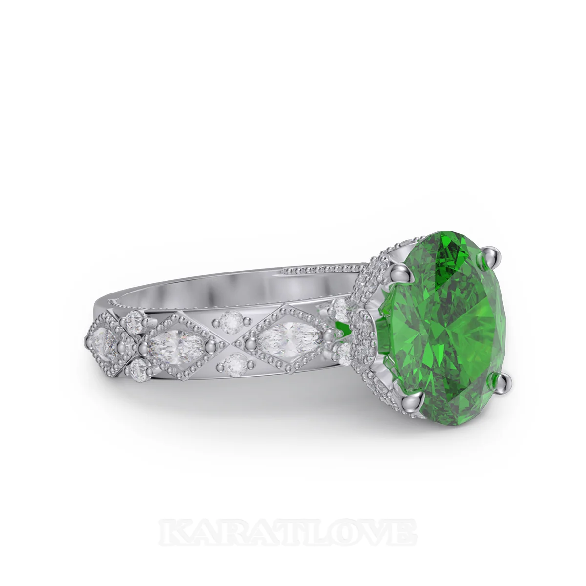 Oval Cut Emerald Green Sterling Silver Engagement Ring