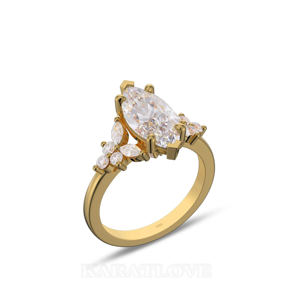 Marquise Cut Diamond White Sterling Silver Yellow Gold Engagement Ring