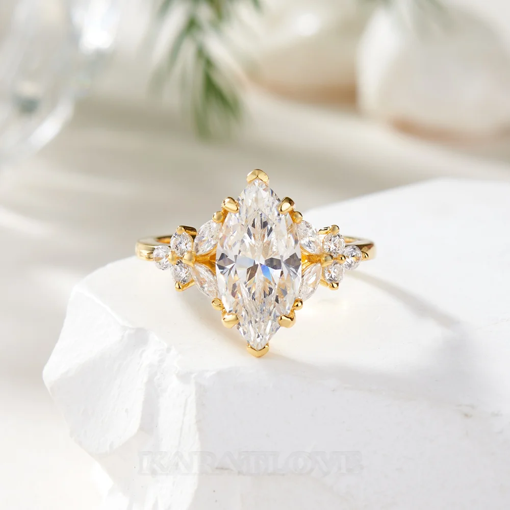 Marquise Cut Diamond White Sterling Silver Yellow Gold Engagement Ring