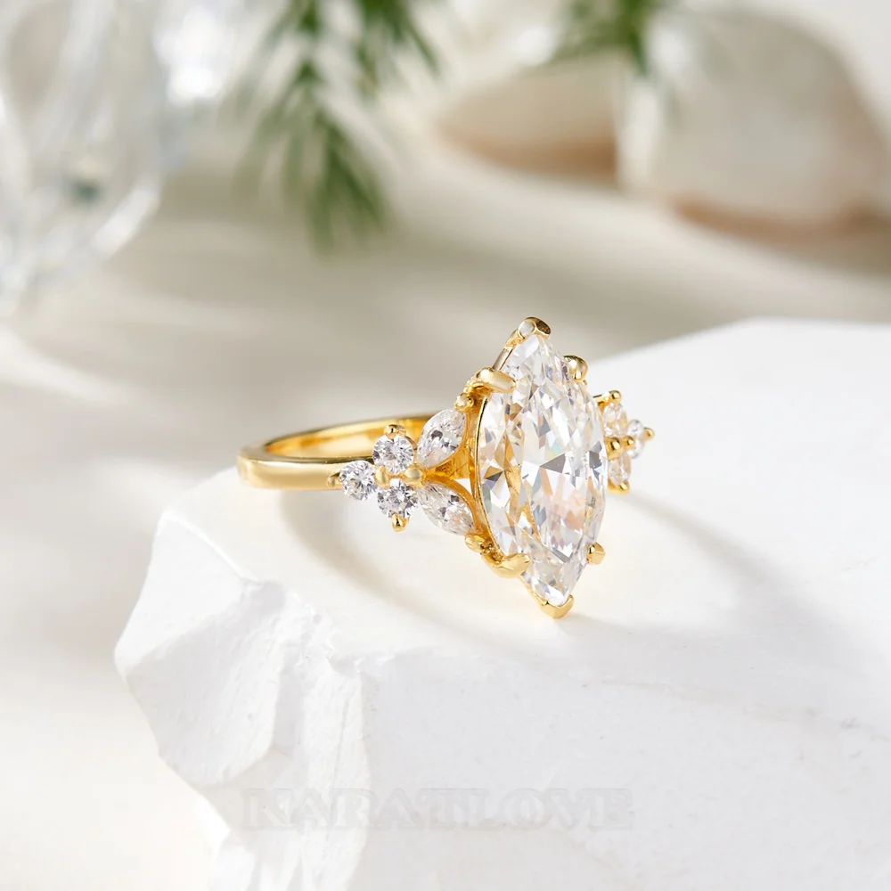 Marquise Cut Diamond White Sterling Silver Yellow Gold Engagement Ring