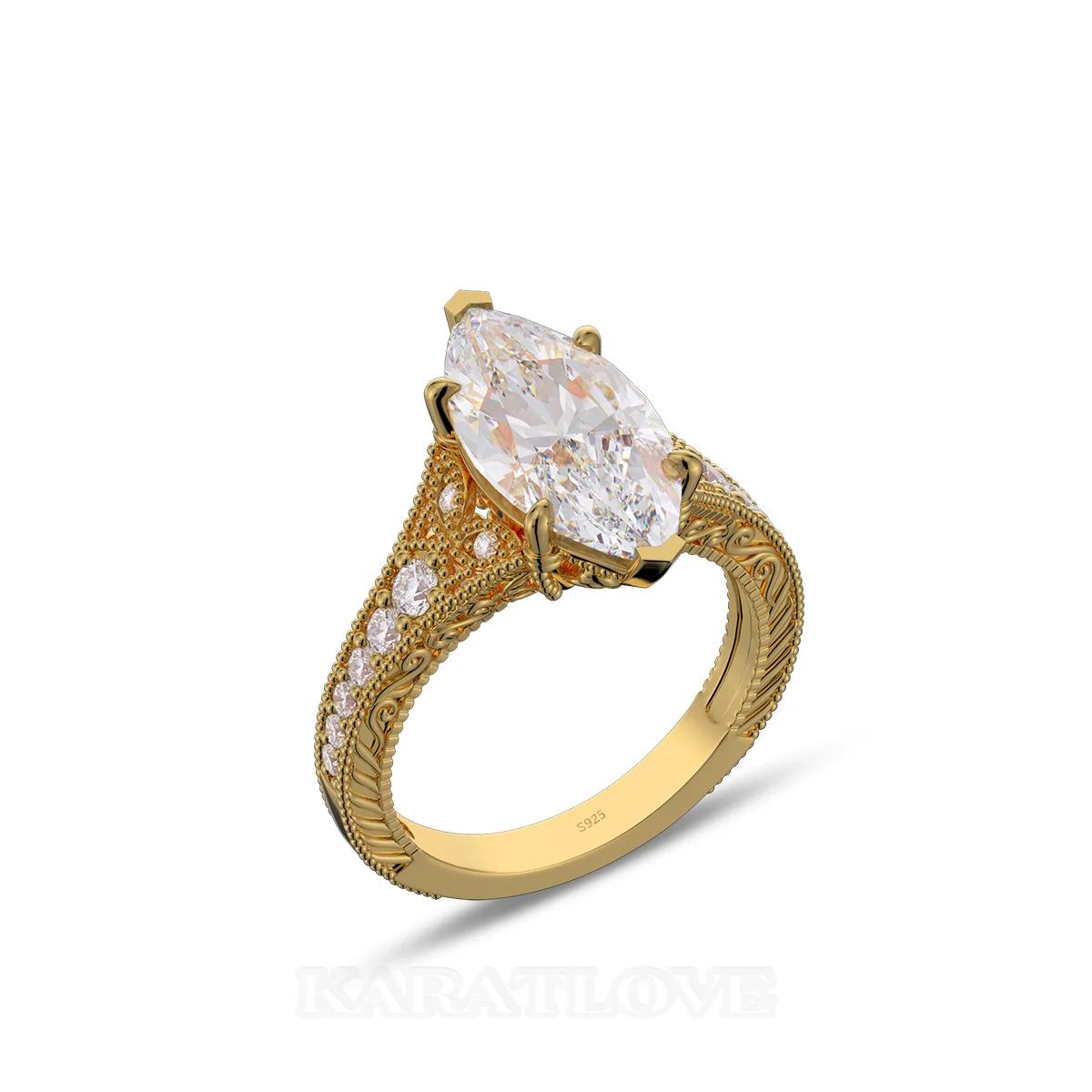 Marquise Cut Diamond White Sterling Silver Yellow Gold Engagement Ring