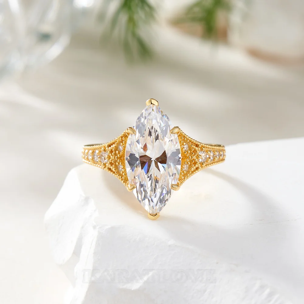 Marquise Cut Diamond White Sterling Silver Yellow Gold Engagement Ring